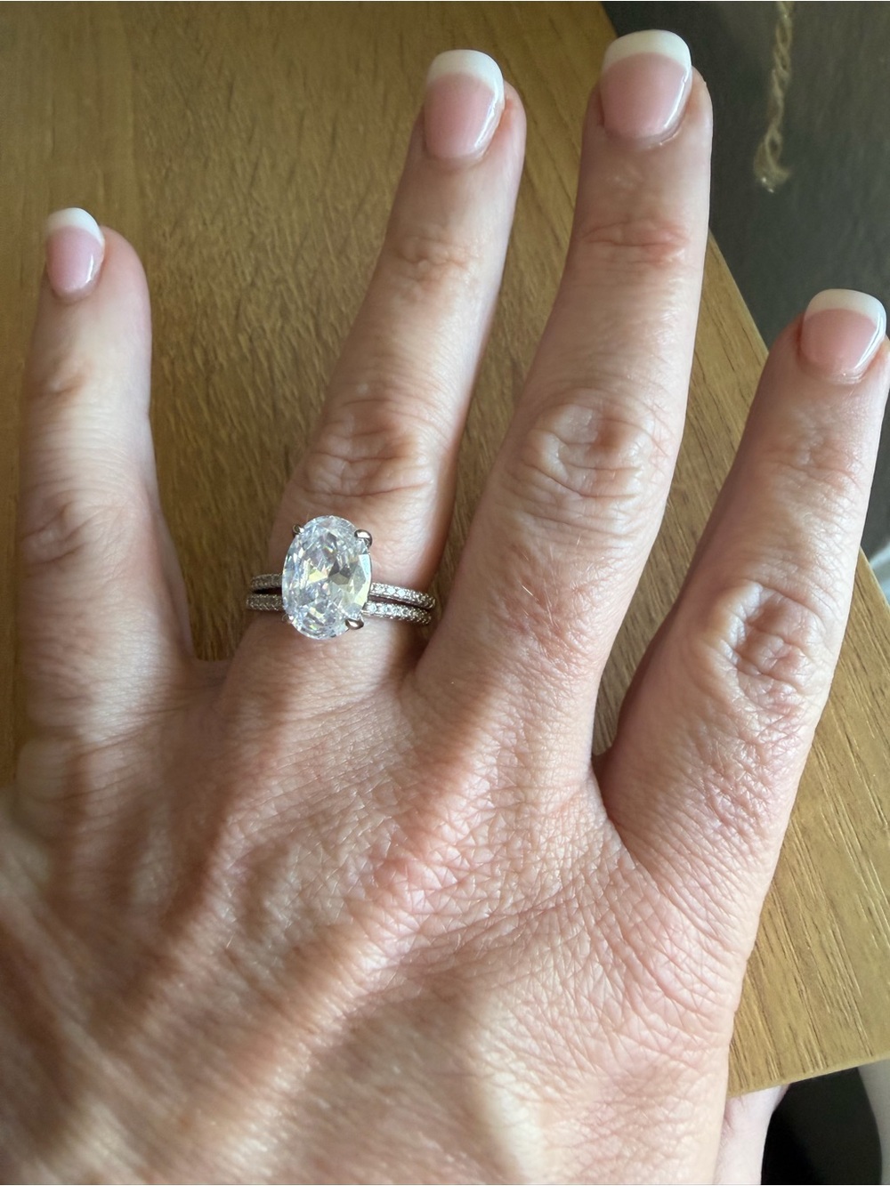 Oval Engagement Ring in Silver Tone with Pavé Wedding Band